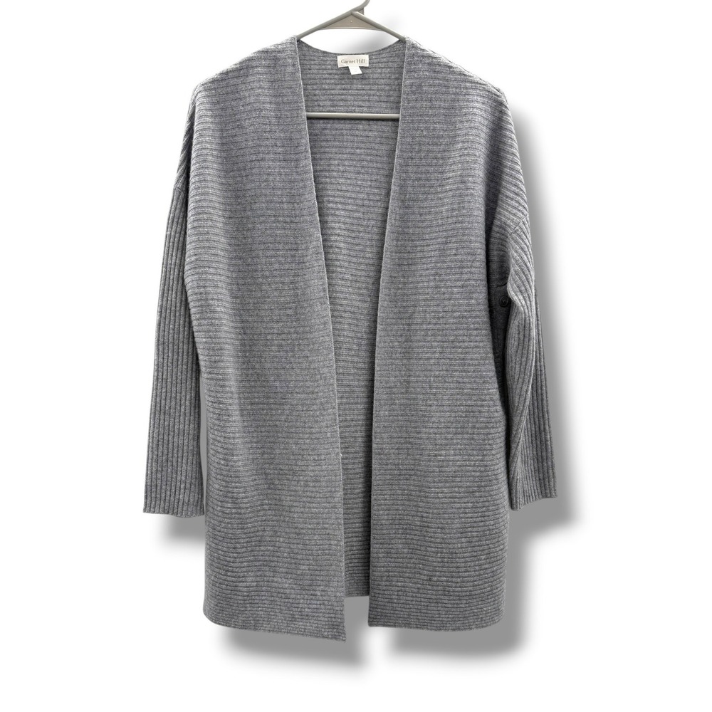Garnet Hill 100% Cashmere‎ Cardigan Womens M Gray Ribbed Open Front Side Button